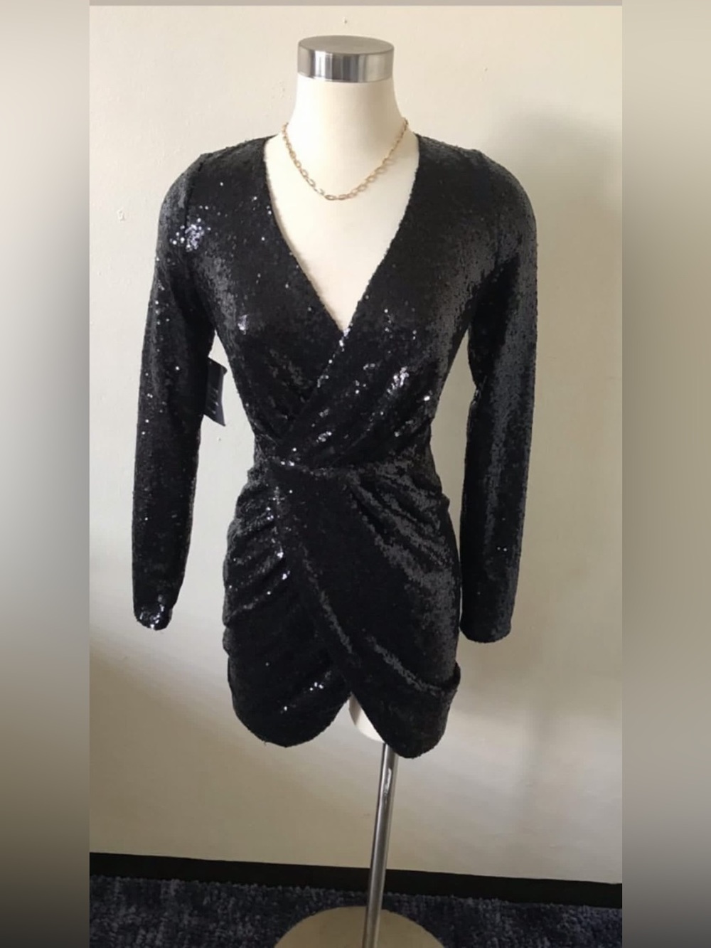 Charlotte Russe Black Sequin Wrap-Style Long Sleeve Mini Dress